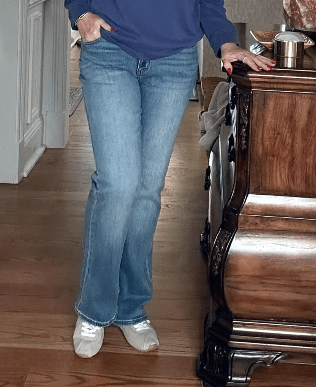 Over 50 Fashion Blogger, Tania Stephens, wearing Quince flare jeans